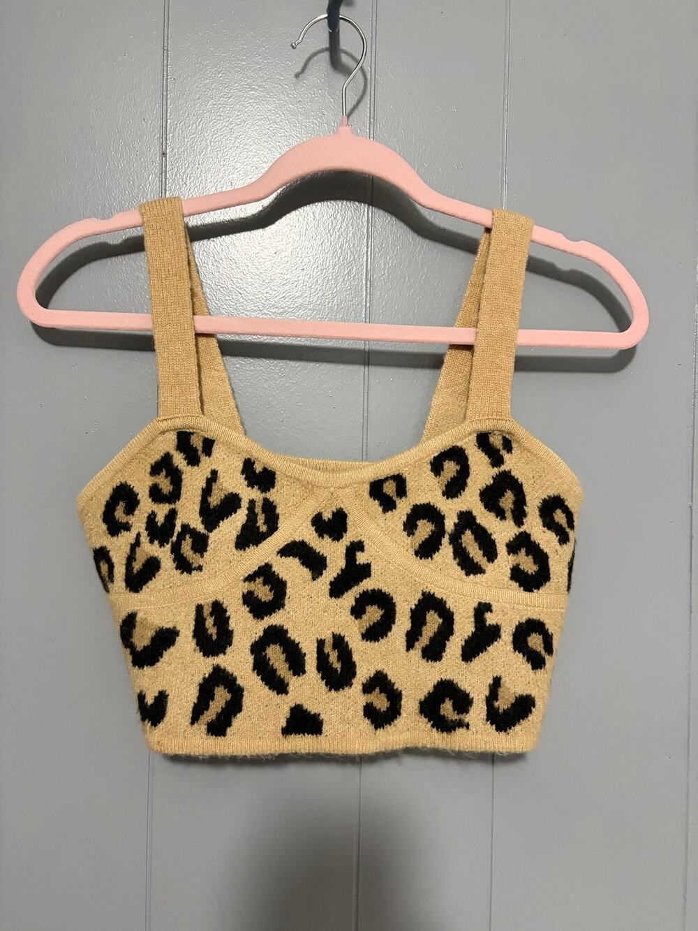 Grey Lab Tan Leopard Print Sweeheart Neck Knit Sweater Going Out Crop Top S